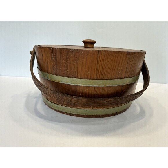 Vintage Shaker Wood Sewing Box with Swing Handle Storage Brass Banded Lid - Picture 5 of 16